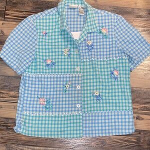 Koret  Blue and Green Embroidered Checkered Shirt with a white underlay shirt